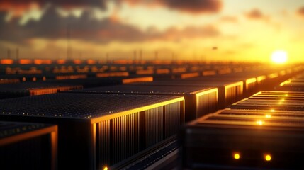 Sunset over a vast data center, showcasing rows of servers glowing with technological efficiency and modern computing power.