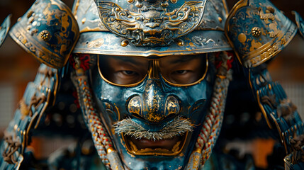 Fototapeta premium Samurai Warrior in Traditional Armor and Mask - Photo