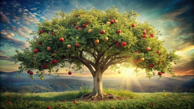 Enigmatic Tree of Knowledge laden with forbidden fruit in the Garden of Eden, mystery, temptation, religious, biblical