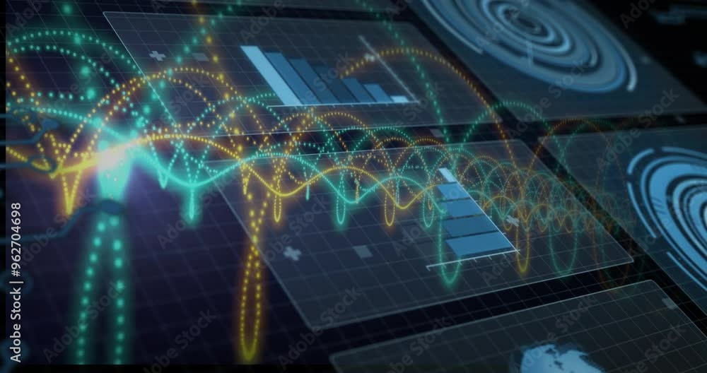 Poster animating colorful waveforms and bar charts over digital interface screen