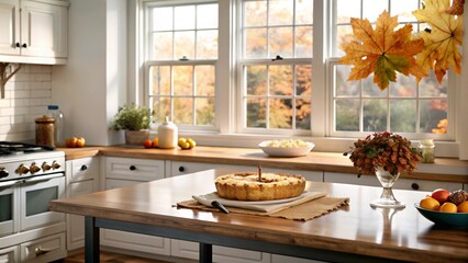 A kitchen counter with a pie, a vase of berries, and apples on the counter.  There are three...