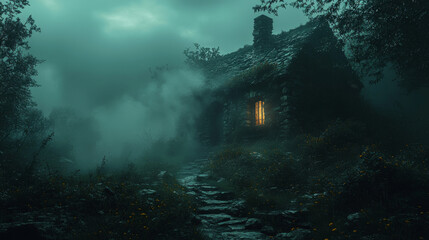 Fototapeta premium Mysterious stone cottage glowing in the fog.