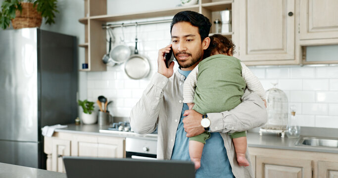 Phone call, man and baby in kitchen for care, communication and contact in paternity leave. Father, sleeping child and mobile in home for checkup, doctor appointment and schedule for healthcare