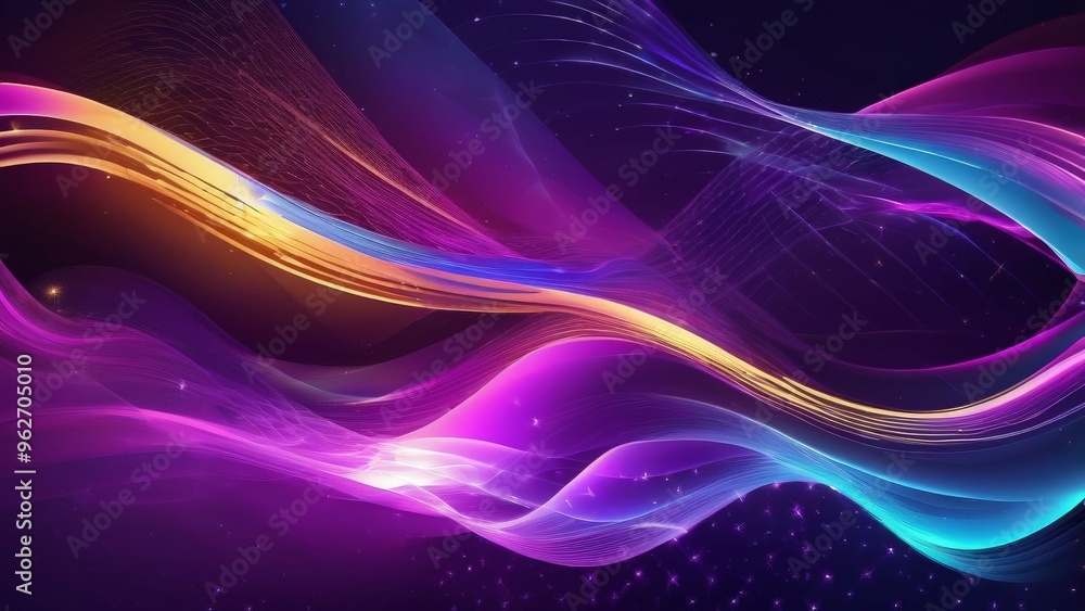 Poster Abstract colorful glowing waves with sparkling particles on a dark background.