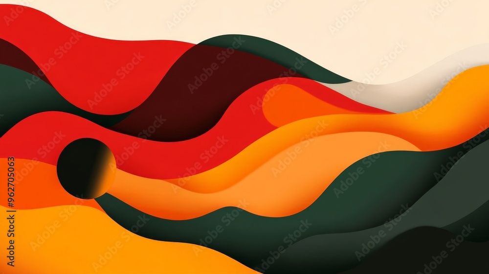 Poster vibrant abstract art with flowing waves of red, orange, and green colors, creating a dynamic and liv