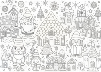 Whimsical Christmas Village with Elves for Coloring Books and Craft Projects