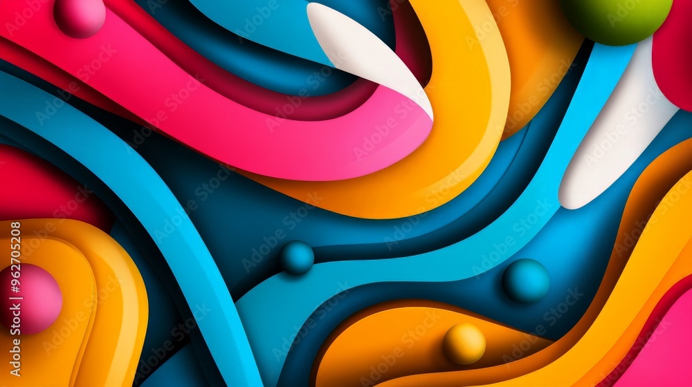 Poster vibrant abstract artwork with layered colorful shapes, curved lines, and dynamic patterns. bright an