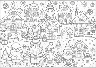 Obraz premium Whimsical Christmas Village with Elves for Coloring Books and Craft Projects