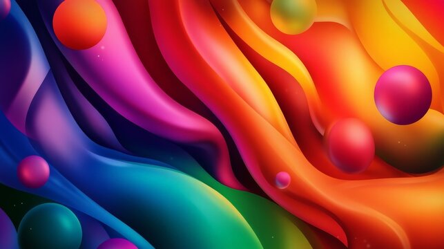 Vibrant abstract artwork with flowing curves and colorful spheres, creating a dynamic and visually striking composition.