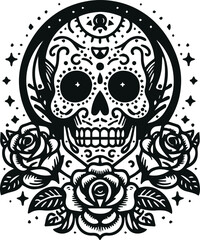 Cute Skull Monochrome Cosmonaut Logo Icon, Sugar Skull Day Of The Dead Vector Illustration Design