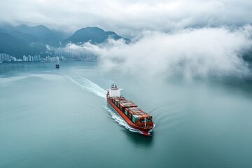 Fototapeta premium Aerial view of a cargo ship sailing the Hong Kong bay with low clouds, China , ai