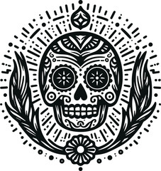 Cute Skull Monochrome Cosmonaut Logo Icon, Sugar Skull Day Of The Dead Vector Illustration Design