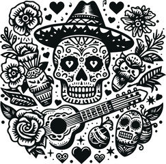 Cute Skull Monochrome Cosmonaut Logo Icon, Sugar Skull Day Of The Dead Vector Illustration Design