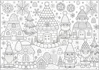 Fototapeta premium Whimsical Christmas Village with Elves for Coloring Books and Craft Projects