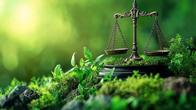 A symbolic composition featuring a globe, a gavel, and balance scales, set against a lush green backdrop, representing environmental justice, legal advocacy, and the balance between nature and law.