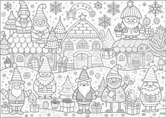 Fototapeta premium Whimsical Christmas Village with Elves for Coloring Books and Craft Projects