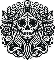 Cute Skull Monochrome Cosmonaut Logo Icon, Sugar Skull Day Of The Dead Vector Illustration Design