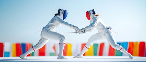 Dynamic fencing match between two athletes in traditional gear, showcasing skill and precision in a vibrant, colorful setting.