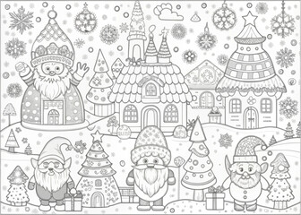Fototapeta premium Whimsical Christmas Village with Elves for Coloring Books and Craft Projects