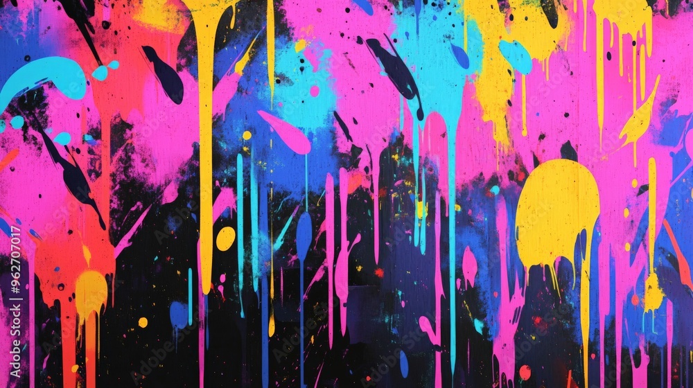 Poster vibrant abstract colorful paint drips splattered on a canvas. bright and bold colors creating a dyna