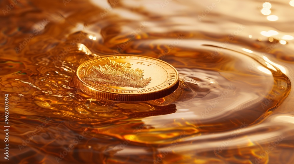 Poster close-up of a golden coin floating on a rippling liquid surface, creating mesmerizing reflections an