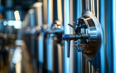 Close-up of shiny metallic brewing tanks showcasing modern craftsmanship in an industrial setting.