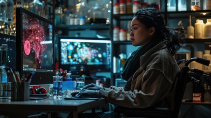 A lab full of equipment with a woman in a wheelchair looking intently at a computer screen.