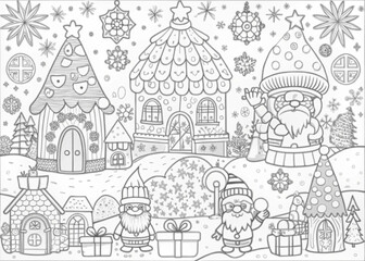 Fototapeta premium Whimsical Christmas Village with Elves for Coloring Books and Craft Projects