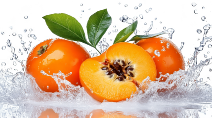 Fresh persimmon fruit splashing in water with transparent background