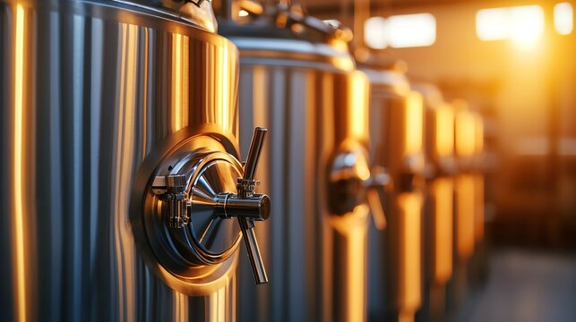 Close-up view of stainless steel brewery tanks illuminated by warm sunlight, showcasing the industrial appeal of brewing equipment.
