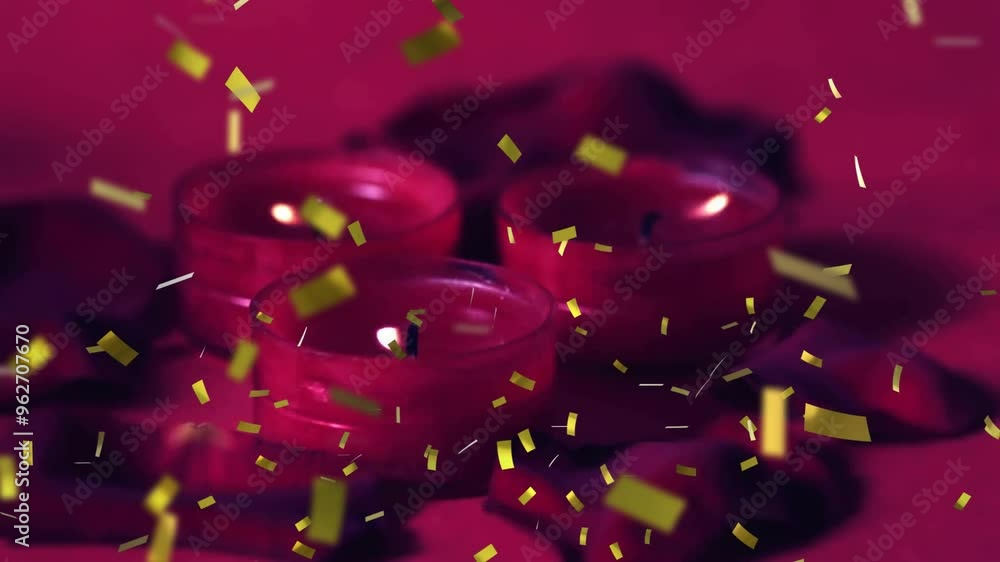 Poster Yellow confetti animation over red candles burning in dark setting