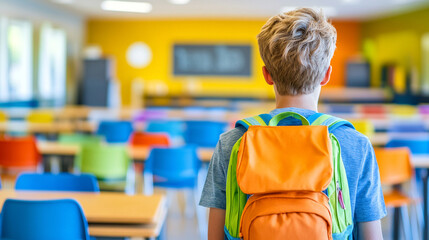 young boy enters a brightly lit classroom, his back facing the camera. The colorful surroundings evoke curiosity, new beginnings, and the promise of learning, symbolizing growth, hope, and potential