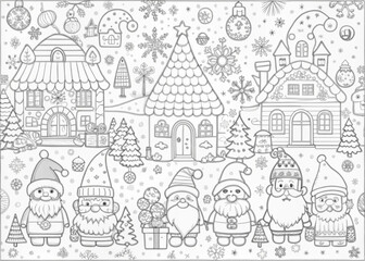 Fototapeta premium Whimsical Christmas Village with Elves for Coloring Books and Craft Projects