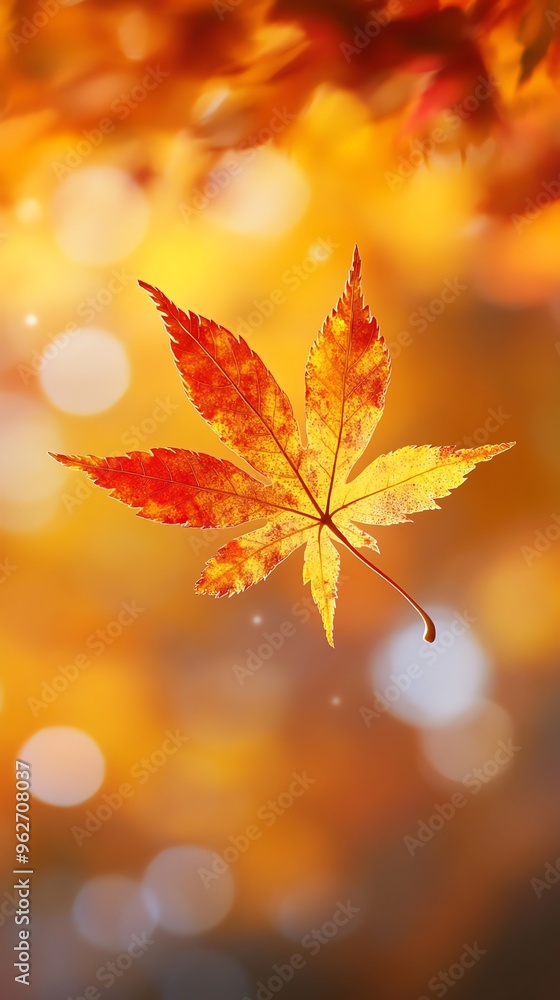 Poster single red maple leaf with yellow and orange veins floating in air on blurred background of bokeh li