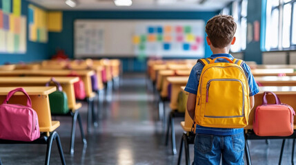 young boy enters a brightly lit classroom, his back facing the camera. The colorful surroundings evoke curiosity, new beginnings, and the promise of learning, symbolizing growth, hope, and potential