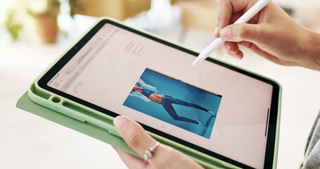 Hands, person and tablet screen with pen as designer for fitness clothes, wardrobe plan or editing...