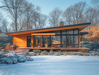 Modern home with dramatic roofline covered in snow