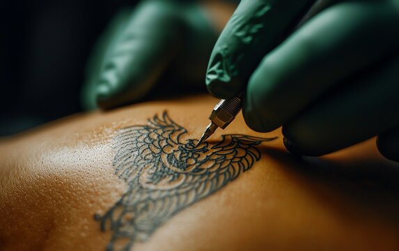 A close-up of a tattoo artist's hand working on an intricate design featuring a majestic bird on skin.