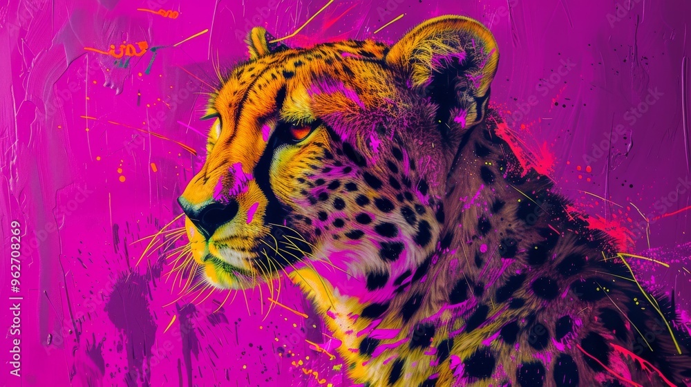 Aufkleber an artistic portrayal of a cheetah set against a vibrant purple background. the image uses bright co
