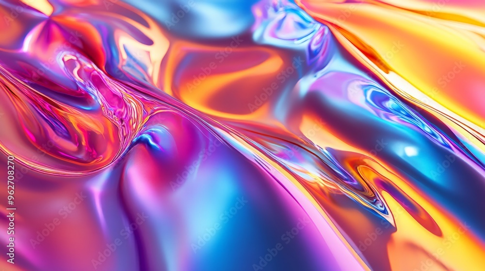 Poster vibrant abstract gradient background with swirling colors of blue, purple, and orange, creating a me