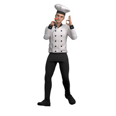 3D Illustration of Professional Male Chef. A male chef stands holding a fork with a tomato on it, while giving an 