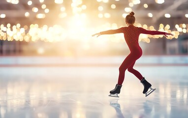 A graceful figure skater in a red outfit glides elegantly across the ice, illuminated by soft, warm lights.