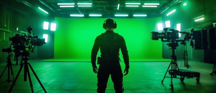 A silhouetted figure stands in a green screen studio, flanked by cameras, ready for an engaging video production.