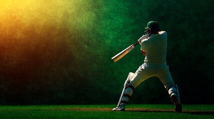 A dynamic cricket player prepares to strike the ball, showcasing skill and athleticism in a vibrant, colorful setting.