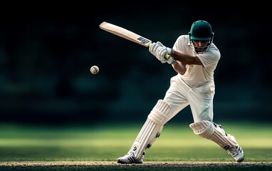 A dynamic cricket player in action, striking the ball with precision and focus, capturing the essence of the sport.