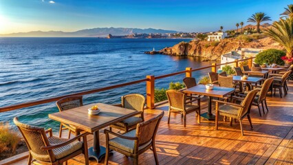 Relaxing cafe with outdoor seating overlooking the Red Sea coastline in Sharm El Sheikh, Egypt, cafe