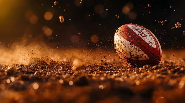 A close-up view of a rugby ball rolling on a dusty field, capturing the dynamic motion and energy of the sport. - Powered by Adobe