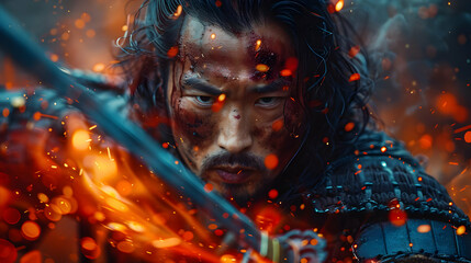 Fiery Warrior: Closeup Portrait of a Wounded Samurai in Battle