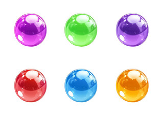 Six shiny colorful spheres transparent background