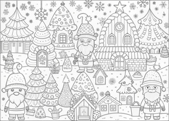 Naklejka premium Whimsical Christmas Village with Elves for Coloring Books and Craft Projects